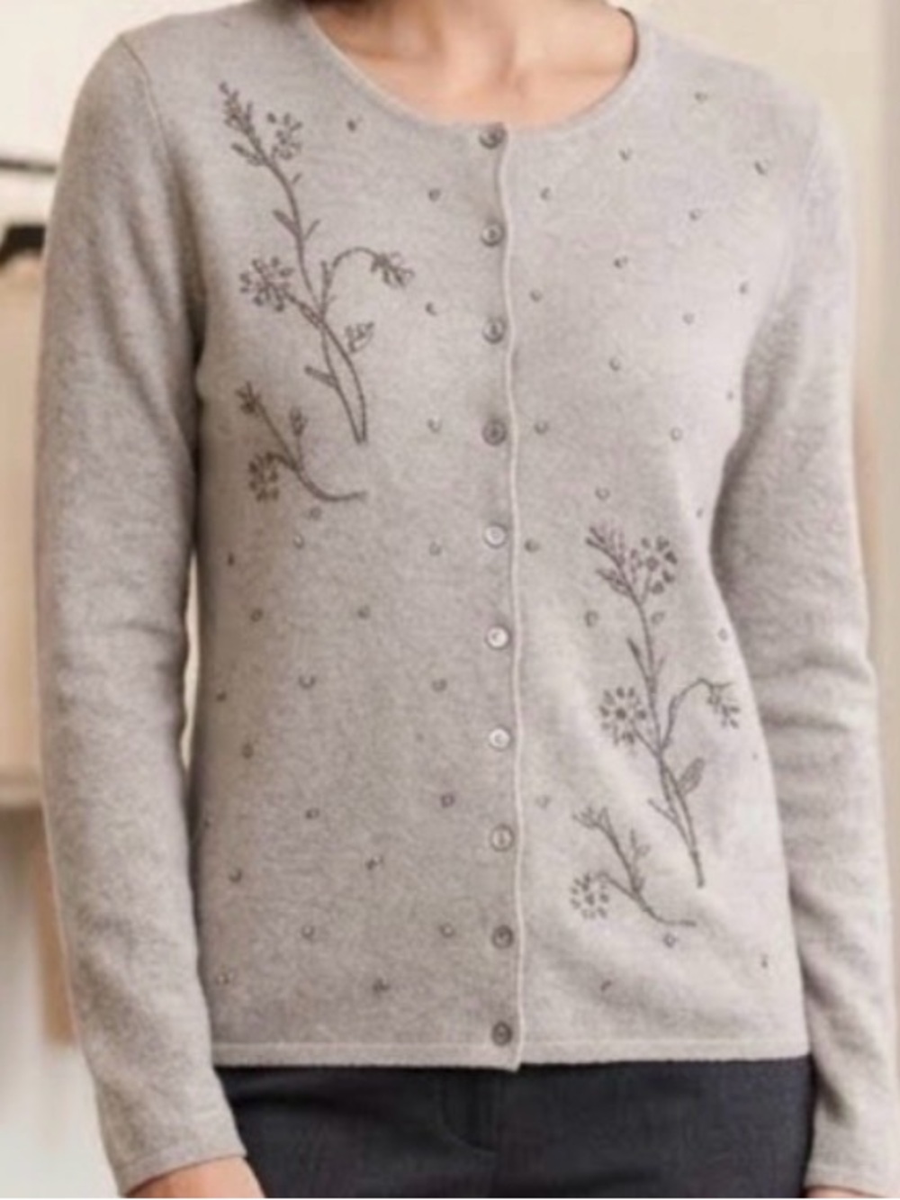 Tyler Boe Vintage Hand Beaded Floral Cardigan Sweater Tan Womens Medium